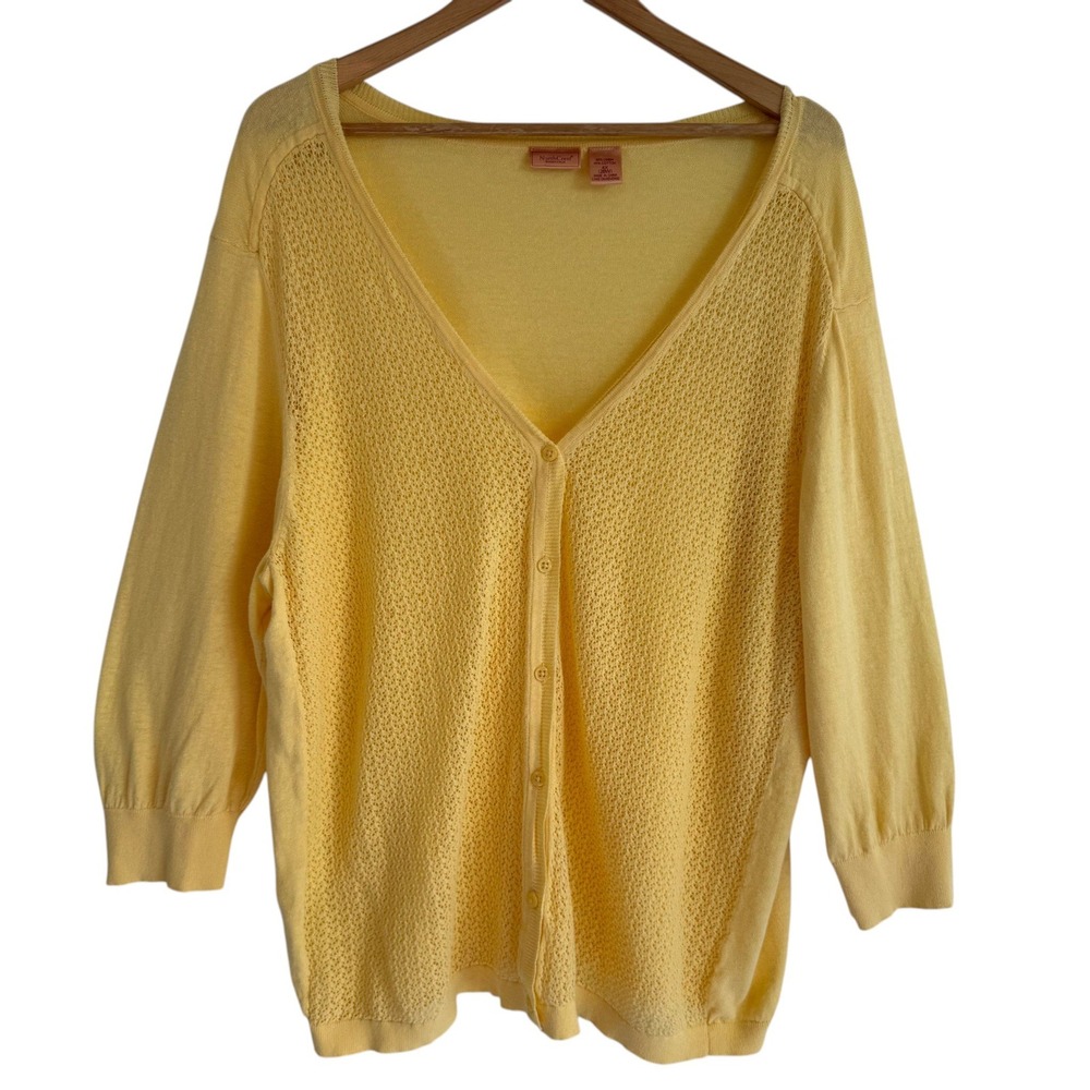 NorthCrest Linen Cotton‎ Cardigan Sweater Butter Yellow 4X 28W Plus Sz Pointelle